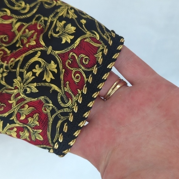 Maggy London Gold Red Black Damask Buttoned Cardigan Silk Size 6 Petite - Picture 5 of 6